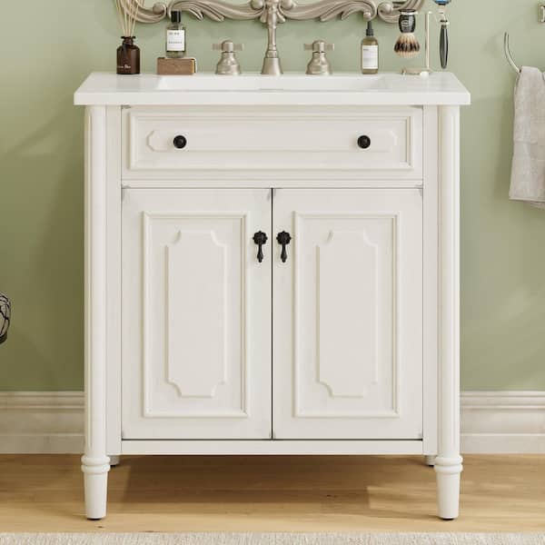 Villa 31 in. W Single Sink Freestanding Bath Vanity in White with Integral White Ceramic Top and Basin Unassembled