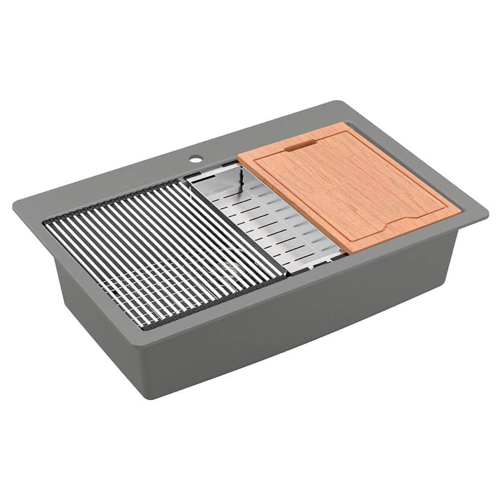 Gray Quartz 33'' Single Bowl Drop-in Workstation Sink
