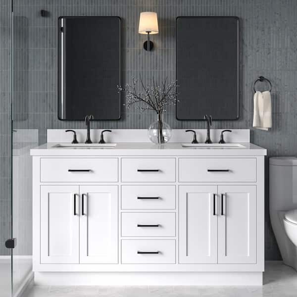 ARIEL Hepburn 61 in. W x 22 in. D x 36 in. H Bath Vanity in White with Pure White Quartz Vanity Top with White Basins