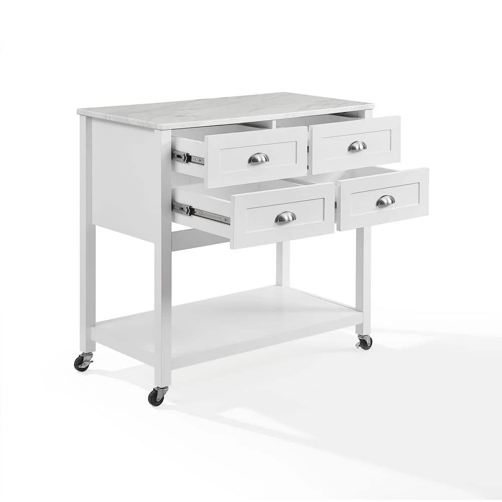 White Faux Marble Top Kitchen Island Cart with Storage