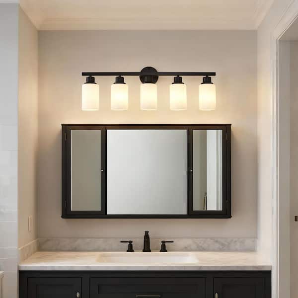 31.5 in. 5-Light Matte Black Vanity Light with White Glass Shades Sconce Fixture for Bathroom or Bedroom (No Bulbs)