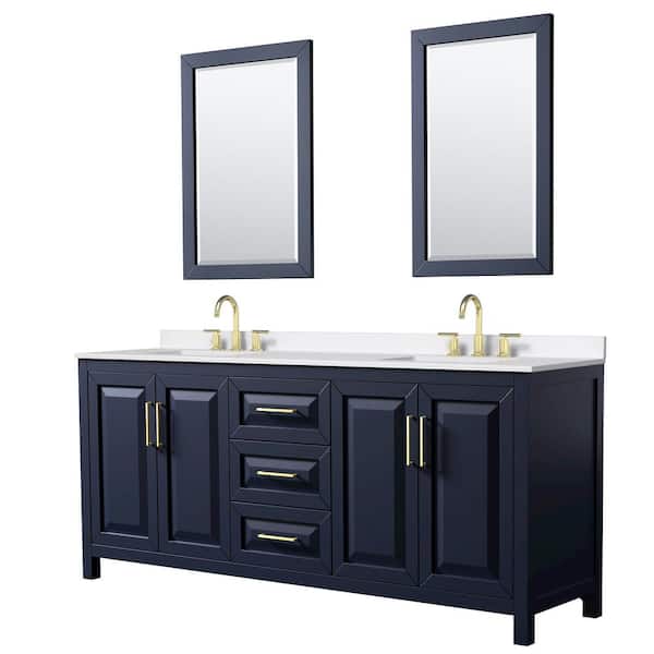Wyndham Collection Daria 80 in. W x 22 in. D x 35.75 in. H Double Bath Vanity in Dark Blue with White Quartz Top and 24 in. Mirrors