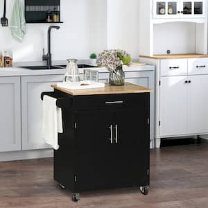 Black Rolling Kitchen Island Cart with Drawer, Interior Cabinet and Towel Rack