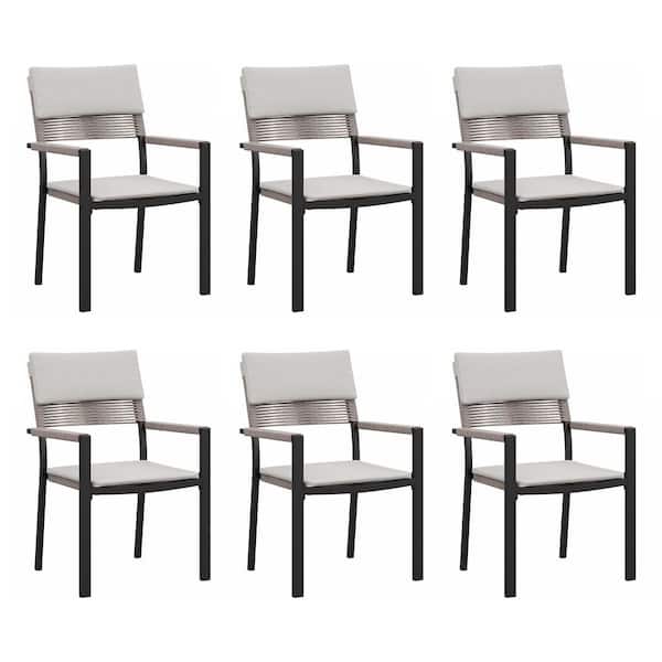 AURA OUTDOOR 6-pack Wicker Metal Outdoor Dining Chair with Arm All-weather Patio Dining Set, Light Brown
