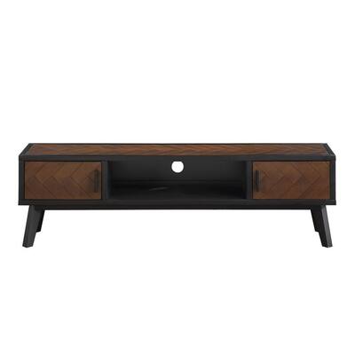 59 in. Brown/Black Wood TV Stand with 2-Door Fits TV's up to 65 in. with Open Storage Shelf