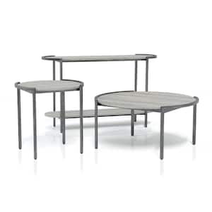 Elosi 48.75 in. 3-Piece Light Gray and Brushed Gun Metal Oval Wood Coffee Table Set