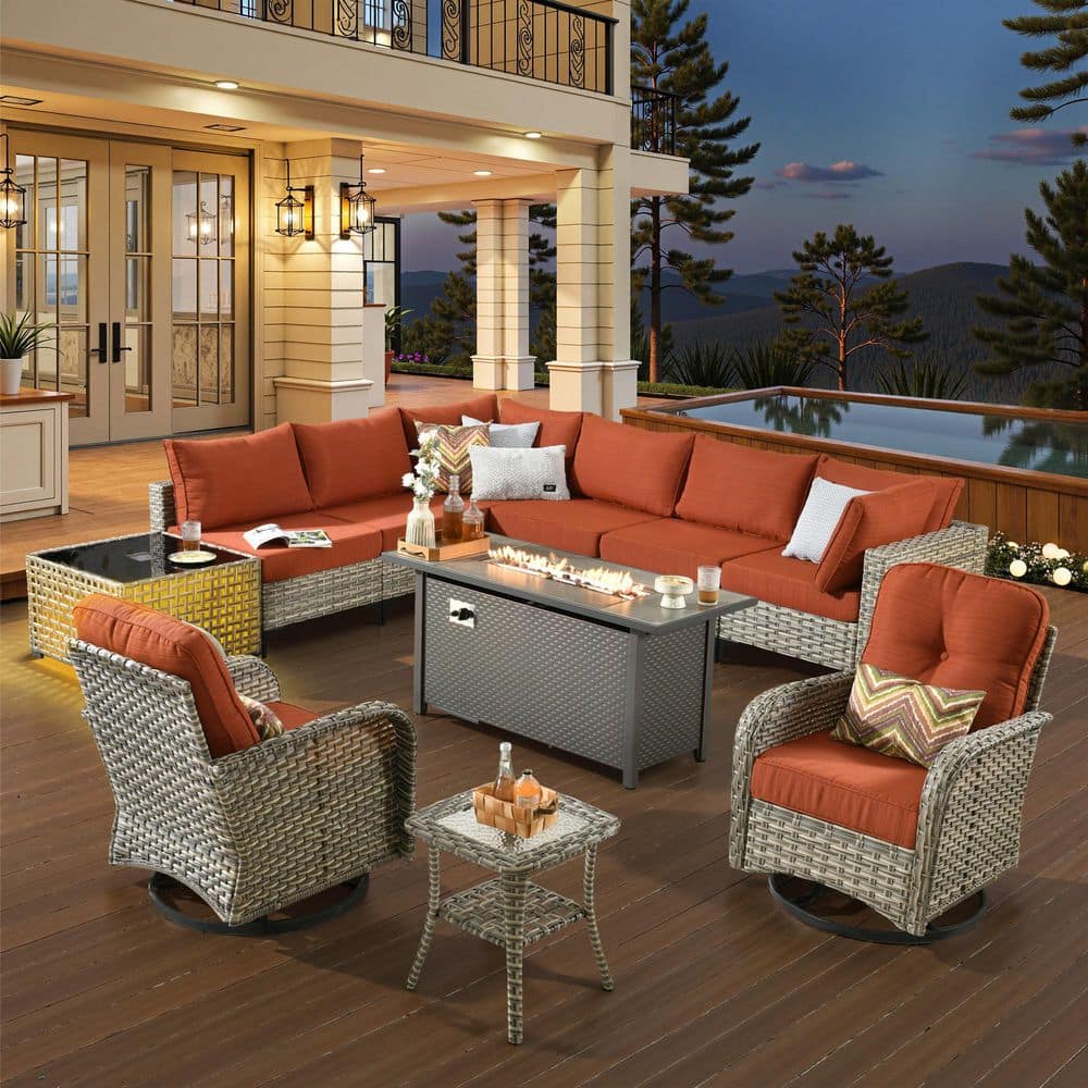 Grace 11 Pieces Wicker Outdoor Patio Rectangular Fire Pit Set and Swivel Rocking Chairs with Orange Red Cushions price history on PriceWatchPro