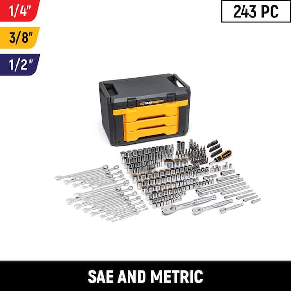1/4 in., 3/8 in. and 1/2 in. Drive 12-Point Standard and Deep SAE/Metric Mechanics Tool Set in 3 Drawer Box (243-Piece)
