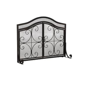 Black Metal Crest 1-Panel Fireplace Screen with 2-Doors - Large