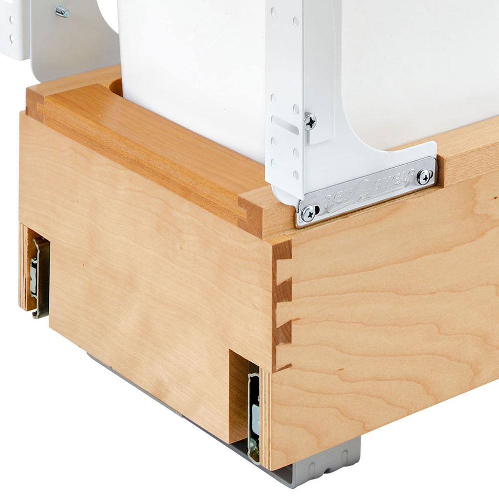 White Plastic Single 35 Qt Pull-Out Trash Bin with Maple Wood Frame