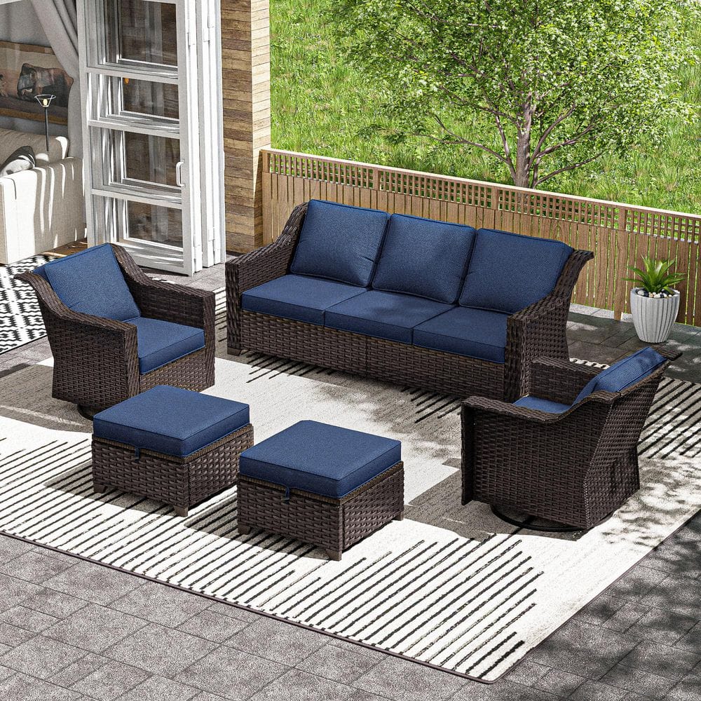5-Piece Wicker Outdoor Patio Conversation Sectional Set With Blue Cushions price history on PriceWatchPro