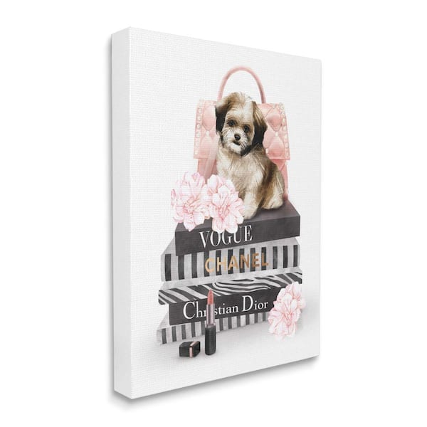 Stupell Industries Fluffy Puppy on Fashion Books Pink Florals By Ziwei Li Unframed Print Abstract Wall Art 36 in. x 48 in.