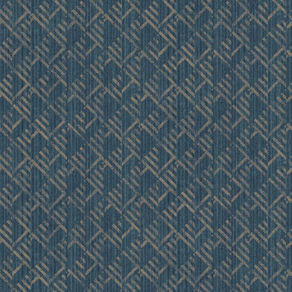 TexStyle Collection Navy Geometric Block Flock Stripe Metallic Finish Non-P