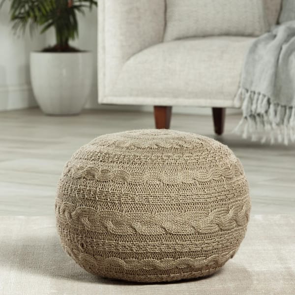 Round Solid Color Knitted good Polyester Pouf, Color: Taupe