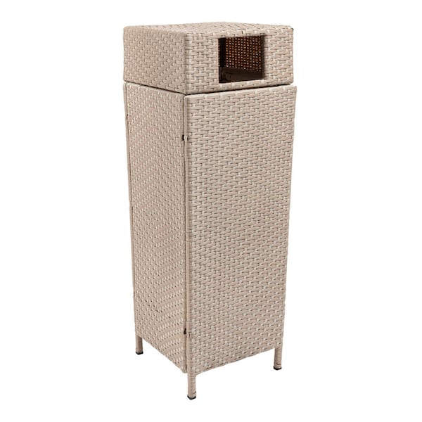 Keaton Modern 24.13-Gal. All-Weather Wicker/Metal Lidded Hideaway Outdoor Trash Can, Light Pink/White