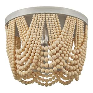Harlan 15 in. 3-Light Brushed Grey Flush Mount with Natural Real Wood Beads