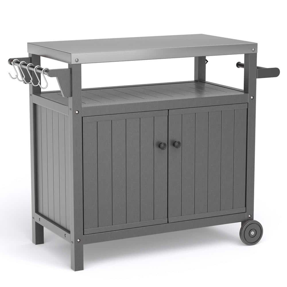  Outdoor Stainless Steel Tabletop 2 Door Grill Cart for BBQ, Patio Cabinet with Wheels, Hooks and Side Shelf in Gray