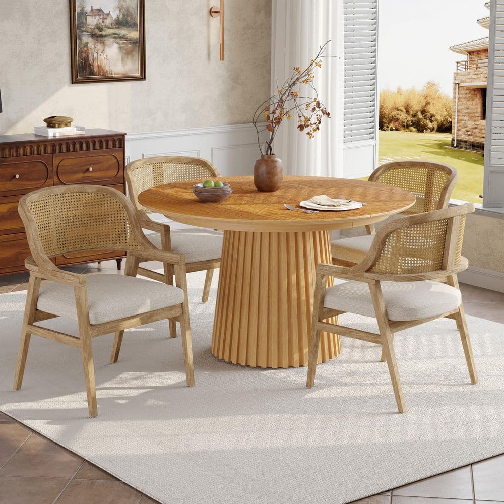 Blythe 5-Piece Beige Plus Natural Wood Top Extendable Dining Set with Fabric Upholstered Dining Chairs, Seats 4