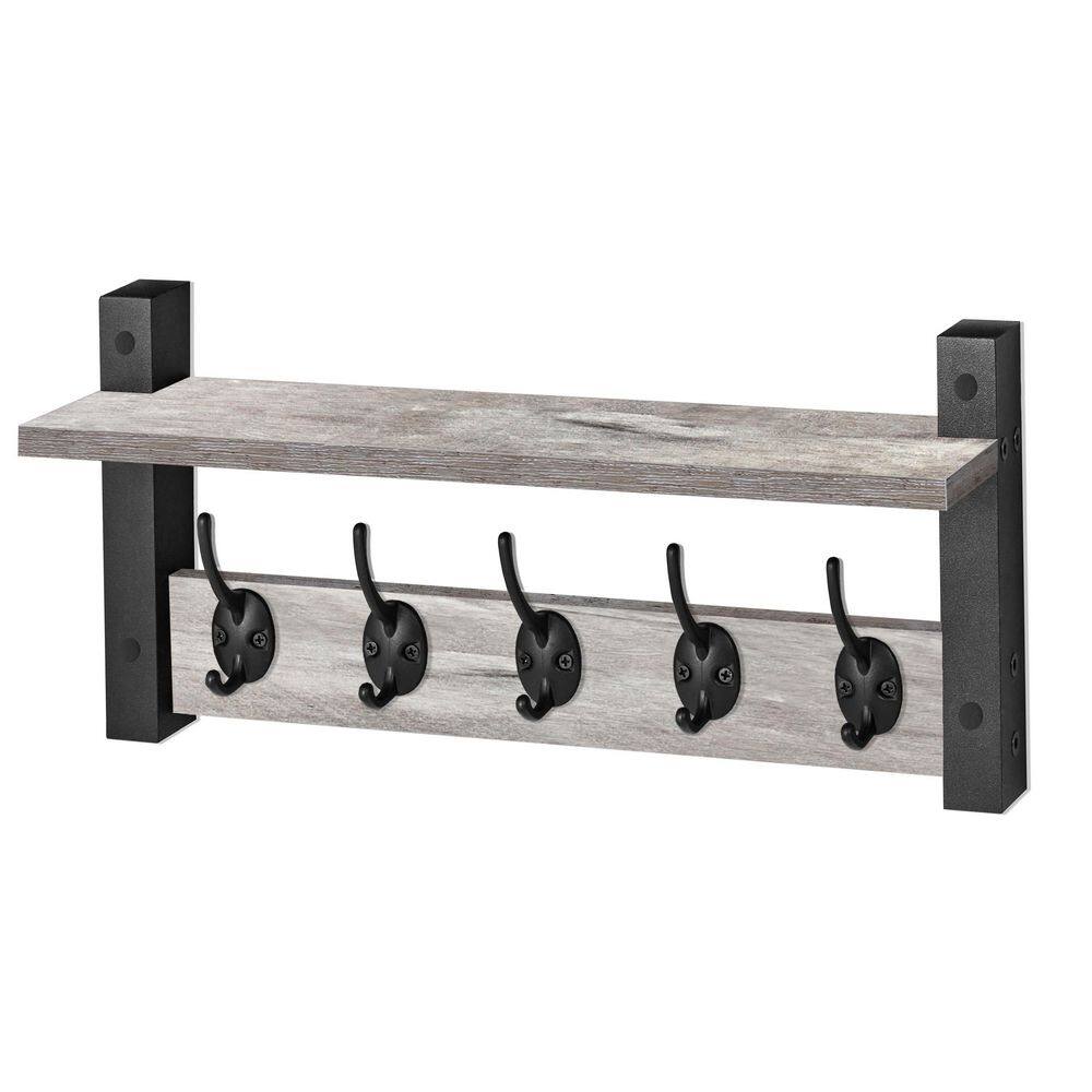 7.5 in. Tall Gray MDF 1 Shelf Standard Bookcase, Coat Hooks Wall Mount Floating Shelf with Heavy Duty Hooks 15.75 in W