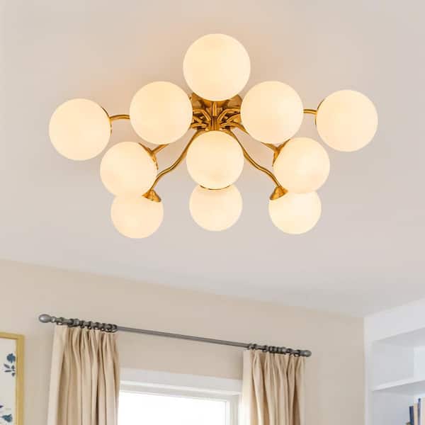 30.71 in. 11-Light Brass Industrial Semi-Flush Mount Light Fixture Globe Ceiling Light Mid Century Sputnik Chandelier