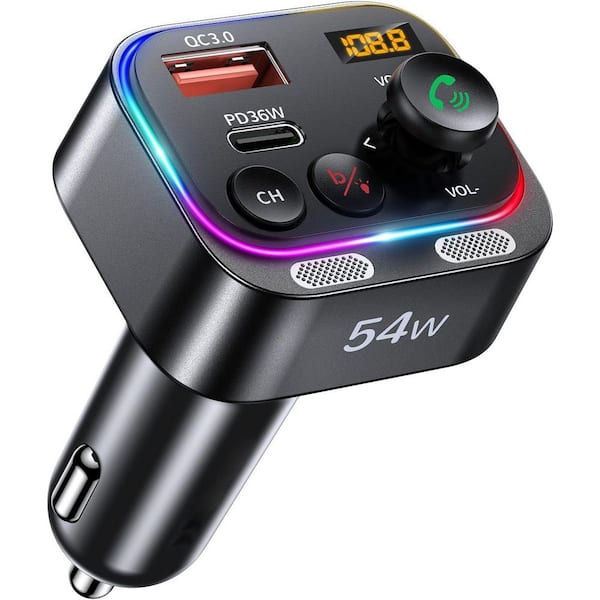 Bluetooth 5.4 FM Transmitter Car Adapter 54W PD 36W and 18W Dual Mics HiFi Bass Wireless Radio Receiver LED Display