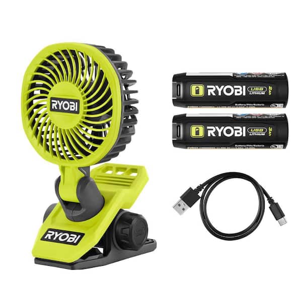 RYOBI - USB Lithium Clamp Fan Kit with 2.0 Ah USB Lithium Battery, Charging Cable, and Extra USB Lithium 3.0 Ah Battery