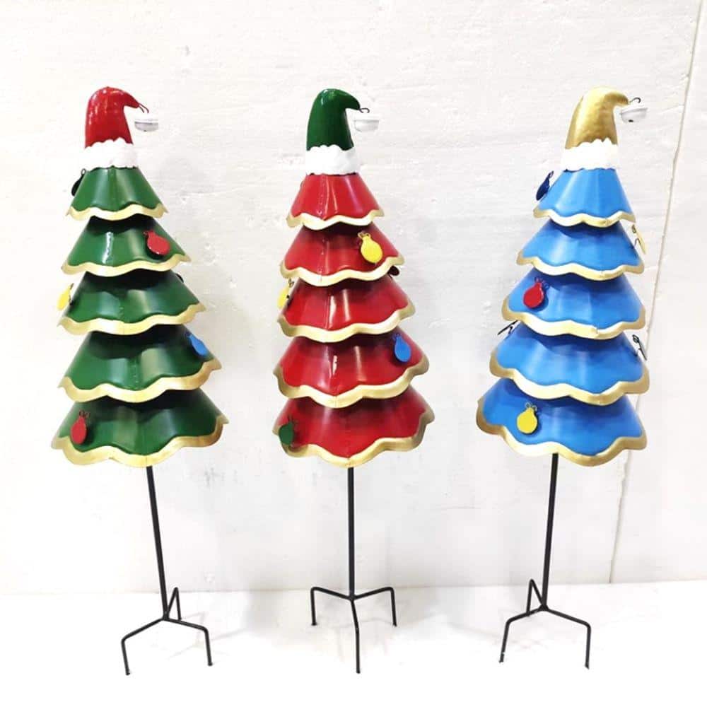 Zaer Ltd. MultiColored Metal Christmas Tree Garden Stakes (Set of 3