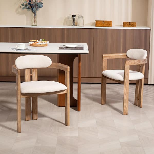 Glamour Home Berne Beige Washed Fabric Dining Chair with Natural Wood Arms and Legs Set of 2