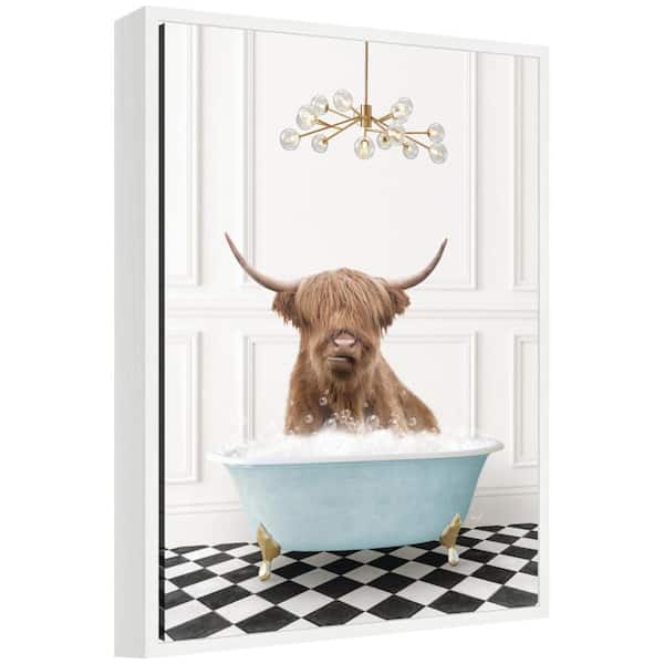 Sylvie "Highland Cow in Blue Bathtub on Checker Floor" by Amy Peterson Animals Framed Art Print 24 in. x 18 in.