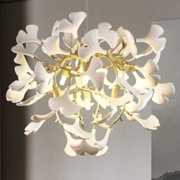 24in. 10-Light Gold Luxury Tree Branch Chandelier, Modern Ceramic Ginkgo Leaf Chandelier for Dinning Room, Living Room