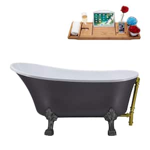 55 in. Acrylic Clawfoot Non-Whirlpool Bathtub in Matte Grey With Brushed Gun Metal Clawfeet And Brushed Gold Drain