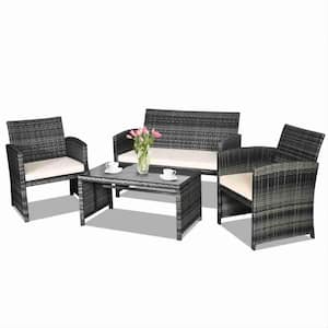 Mixed Grey 4-Piece Wicker Patio Conversation Set with Beige Cushions