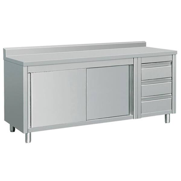 EQ Kitchen Line 80 in. x 28 in. x 38 in. Stainless Steel Kitchen Utility Table Sliding Door 3-Drawers Back Splash