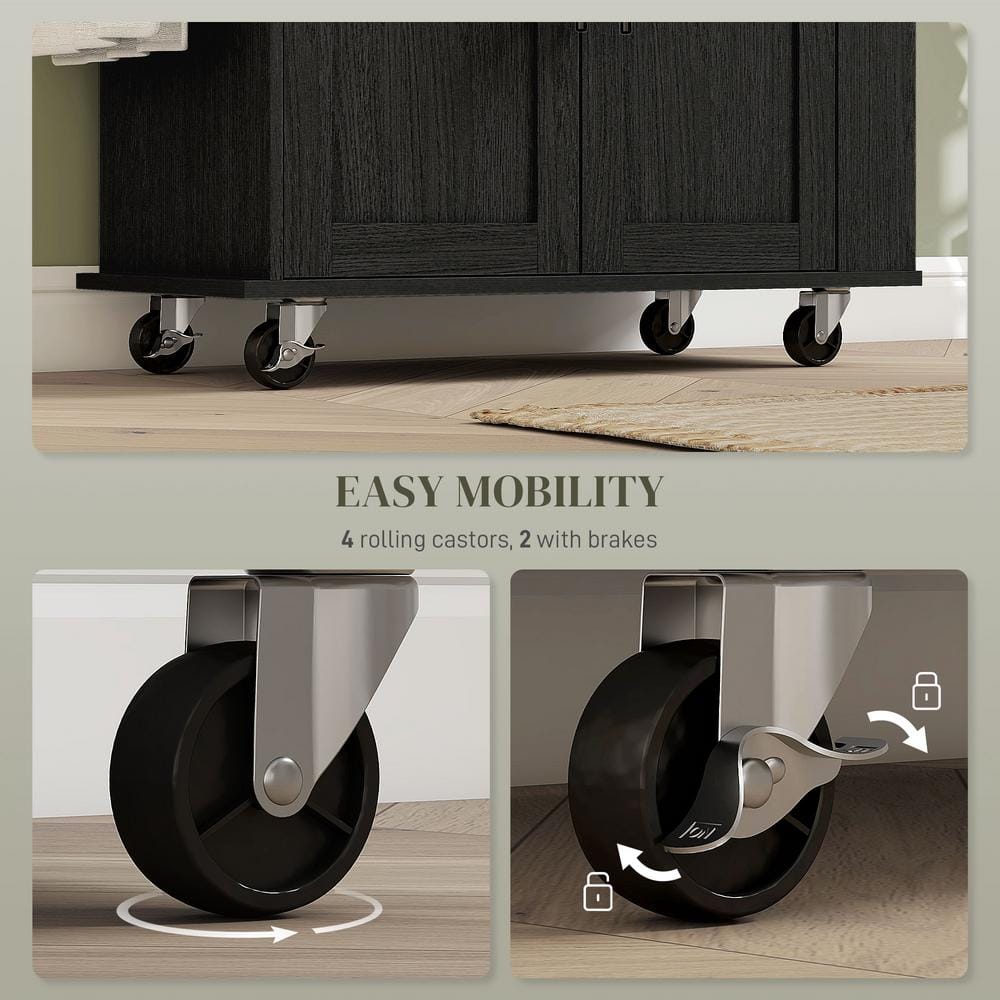 Black Wood Kitchen Cart with Spice Rack and Storage