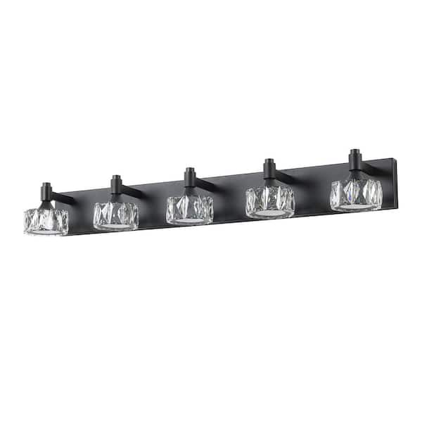 36 in. Black Brass LED 5-Light Bathroom Vanity Light Bath Wall Lighting with PC and Crystal Shades