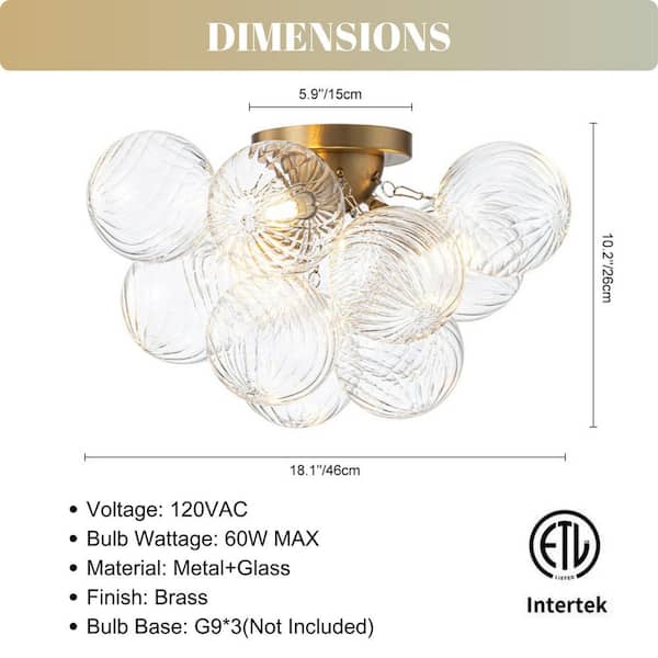Nordic Bubble 18 in. 3-Light Brushed Brass Semi-Flush Mount Ceiling Light with Swirled Clear Glass Globes Shade