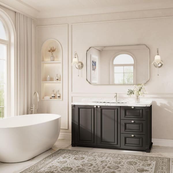 48 in. W x 30 in. H Scalloped Framed Wall Bathroom Vanity Mirror in Brushed Nickel