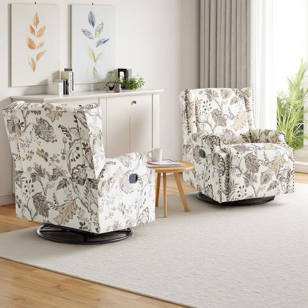 Plants Beige Linen Swivel Upholstered Metal Base Manual Recliner with Adjustable Footrest (Set of 2)
