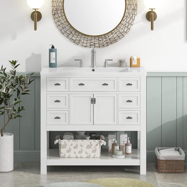Unbranded 36 in. W x 18 in. D x 34 in. H Freestanding Bath Vanity in White with White Cultured Marble Top