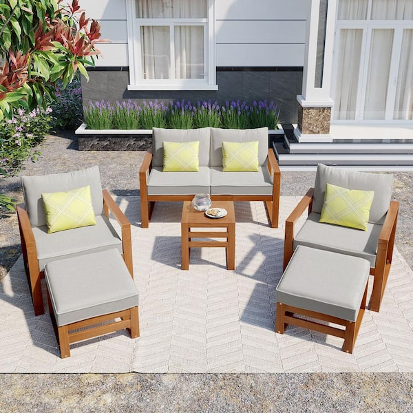 Zeus & Ruta 6-Piece Wood Outdoor Patio Conversation Sectional Set with Ottomans and Grey Cushions for Backyard, Poolside