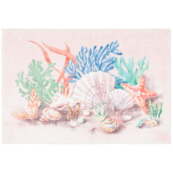 Door and Kitchen Mat Peach/Green 2 ft. x 4 ft. Machine Washable Coral Area Rug