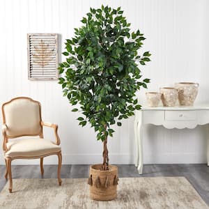 6 ft. Green Ficus Artificial Tree with Natural Trunk in Handmade Natural Jute Planter with Tassels