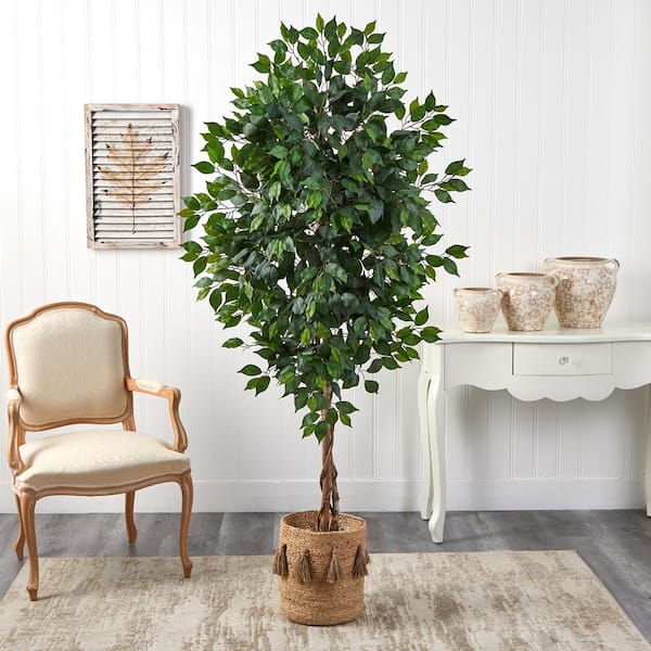4 ft Artificial Ficus Plants in White Tower Planter with Realistic Leaves  and Natural Trunk, Silk Fake Ficus Tree with Plastic Nursery Pot, Faux Ficus  Tree for Office Home Farmhouse 