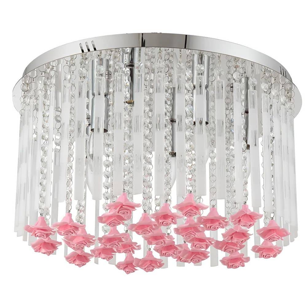 20 in. 7-Light Polished Chrome Flush Mount with Glass Tube Shade and Pink F