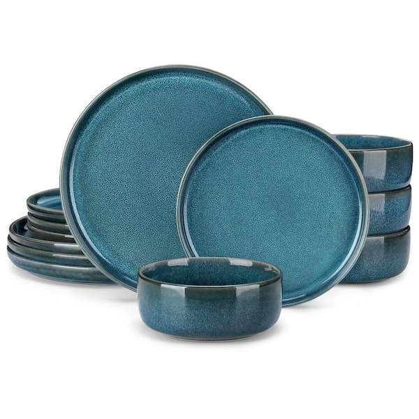 12-Piece Blue Stoneware Dinnerware Set Tableware (Service for 4) Reactive Glaze Bowls and Plates Dinner Set