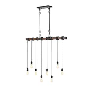 Rhys 40 in. 8-Light Brown Wood Finish/Black Chandelier Vintage Driftwood Iron LED Linear with Height Adjustable Bulbs