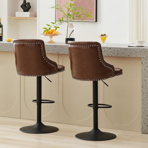 Antique Brown Adjustable High Back Bar Stool with Black Metal Frame Counter Height Faux Leather Counter Stool (Set of 2)