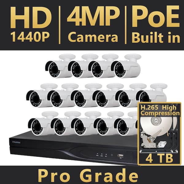 LaView 16-Channel HD 4MP IP Indoor/Outdoor Surveillance 4TB NVR 4K Output System (16) Bullet Cameras H.265 2X Recording Time