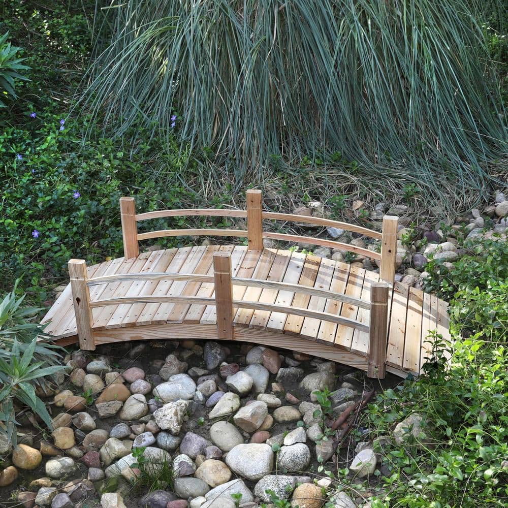 Natural Cedar Wood 6-Foot Garden Bridge with Handle Rails