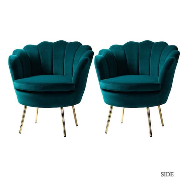 JAYDEN CREATION Fidelia Golden Legs Teal Tufted Barrel Chair with Scalloped Seashell Edges (Set of 2)